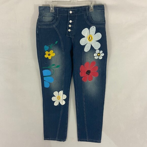 Misslook Women's  Floral Jeans Straight Leg High Rise Button Fly Sz L (34 x 31) - Picture 2 of 10